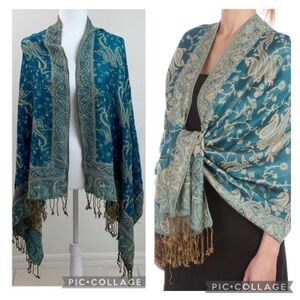 Reversible Jacquard pashmina tight linen weave classical shawl wrap scarf, EUC